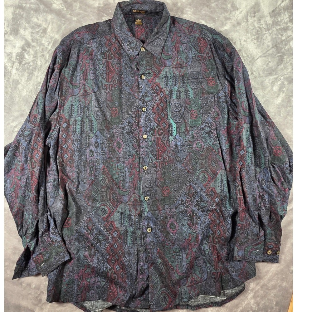 Stefano Man Button Down Shirt Mens Large Multicolor Geometric 90s Rayon Vintage